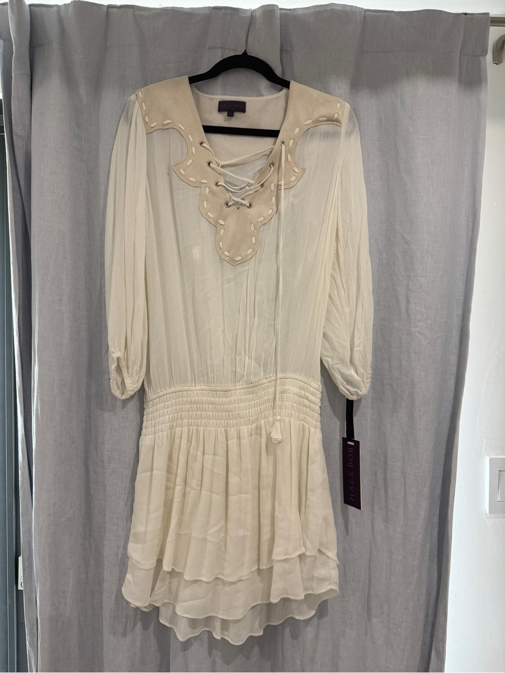 HALE BOB Cream Lace-Up appliqué Trim drop waist dress. NWT